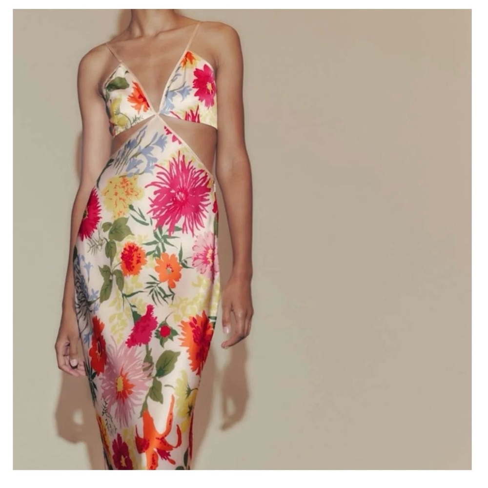 Reformation Cream Floral Cutout Maxi Dress with Pink & Orange Blooms